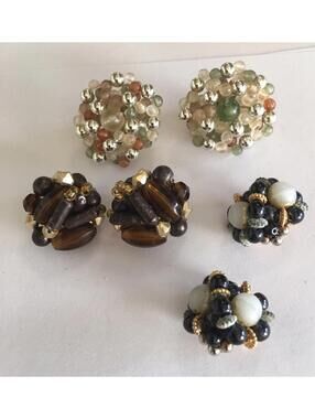 Lot Of 3 Vintage Bead Cluster Clipon Costume Earrings Clip On Beaded